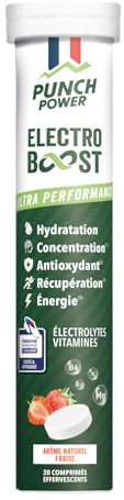 ELECTROLYTES HYDRATATION - Electrolyte Punch Power - SANS SUCRE - Fabriqué en FRANCE- Vitamines, Minéraux, Magnesium - Pastille Hydratation Sport - 20 Pastilles Effervescentes Hydratation Fraise