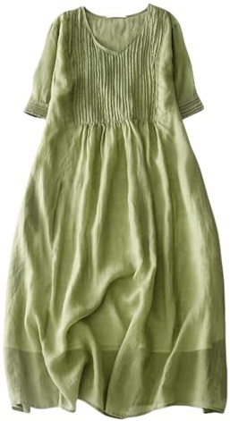 Vestido Midi Mujer Verano Manga Corta Cuello En v Casual Elegante Suelto Vestido Plisado Largo con Bolsillos, XL, Verde