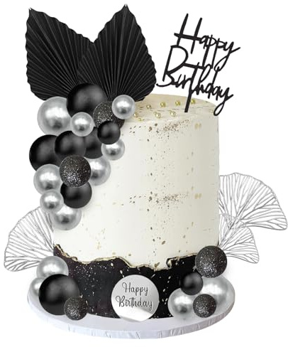 Palline Decorative per Torte 30 Pezzi Palline per Topper Torta Nero e Argento Buon Compleanno Decorazioni Torta Nero Happy Birthday Cake Topper per Festa Compleanno, Matrimonio, Anniversario