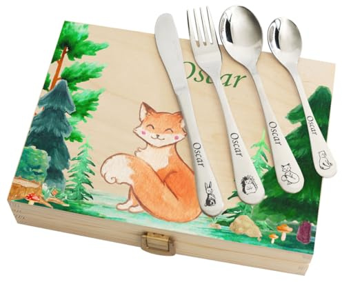 Couverts enfant personnalisés avec coffret imprimé - Motif Forêt - Cadeau de naissance, cadeau anniversaire, cadeau baptême