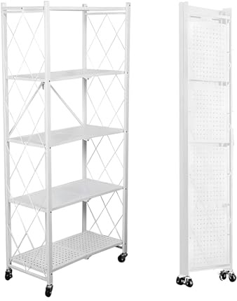 SEVEN COMFORT Klappbares Regal, 5-Etagen Lagerregal, Metallregal mit Rädern – 100 kg, für Küche, Badezimmer, Wohnzimmer