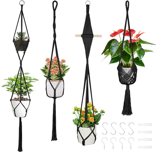 flintronic 4PCS Macramé Support Pots pour Fleur, Suspension Plante Macramé Corde de Coton Porte Décoration du Jardin Intérieur ave 4*Crochets Suspendu (Noir)