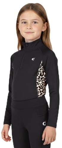 DaisenFit Kids Base Layer Top – Girls Leopard Print Riding Shirt | Youth Equestrian Quarter Zip Layer (US, Alpha, Medium, Regular, Black)