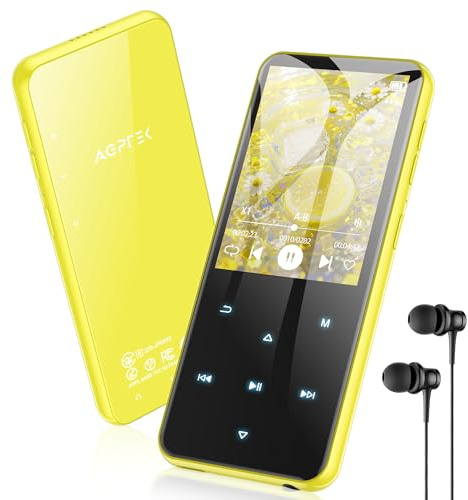 AGPTEK 64Go MP3 Bluetooth avec Haut-Parleur, 2.4 Grand Écran Lecteur MP3 en Métal Qualité Sonore HiFi Audio MP4 Baladeur Sport de Bouton Tactile Radio FM Podomètre Enregistreur 60H de Musique - Jaune