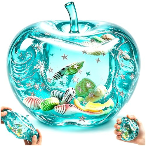 KutaKuta Pomme Anti Stress Pomme Verte Cube Sensoriel Translucide avec Coquillages & Étoiles Flottants Jouet Anti Stress Kawaii pour Enfant Adulte Cadeaux