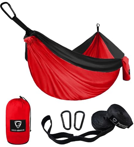 Gold Armour Camping Hammock - XL Double Hammock Portable Hammock Camping Accessories Gear for Outdoor Indoor with Tree Straps, USA Based Brand (Red and Black)