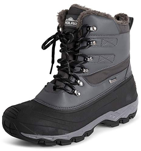Polar Mens Waterproof Outsole Deep Tread Fully Faux Fur Lined Winter Durable Snow Boots - Grey Lace Up - UK9/EU43 - YC0683