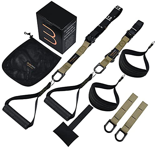 Bodytorc Suspension Trainer, Bodyweight Training Straps for Full Body Workouts at Home, Includes Door Anchor, Extension Arms and Advanced Foot Straps. Green
