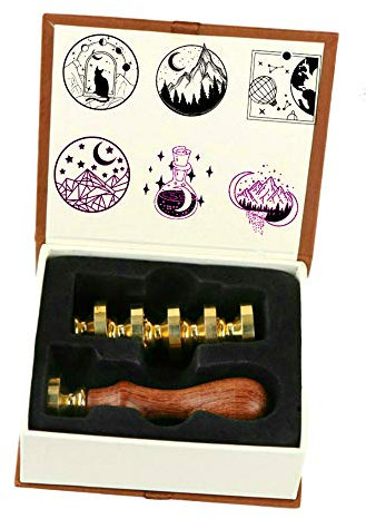Moon Cat Wachssiegelstempel-Set, ANBOSE Wachssiegelstempel-Set inkl. 6 Stück Moon Star Mountain Siegelwachsstempel Kupfersiegel + 1 Holzhilfe, Geschenk Mond Ballon Siegelwachs Stempel-Kit für