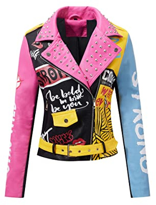 Giolshon Femmes Similicuir Veste Clous Rivets Floral Moto Court Revers Blousons