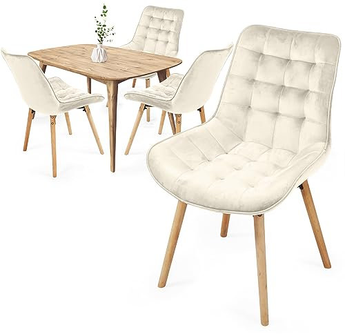 MIADOMODO® Esszimmerstühle - Farbwahl, 2/4/6/8 Set, Sitzfläche aus Samt, gepolstert, Beine aus Buchenholz, mit Rückenlehne - Polsterstuhl, Küchenstuhl, Retrostuhl, Wohnzimmerstuhl (Creme, 4er)