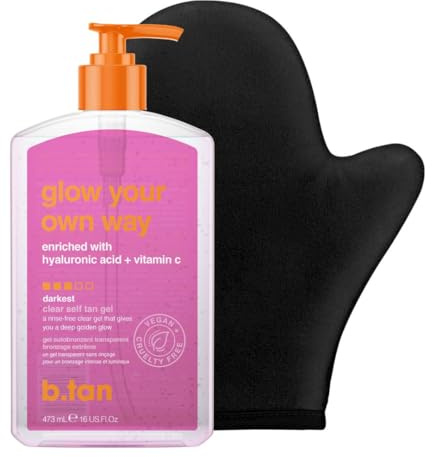 b.tan Best Clear Self Tanning Gel with Mitt Kit | Glow Your Own Way Bundle - Quick Express Tanner Gel for Face and Body with Applicator, Transfer-Proof, 16 Fl Oz