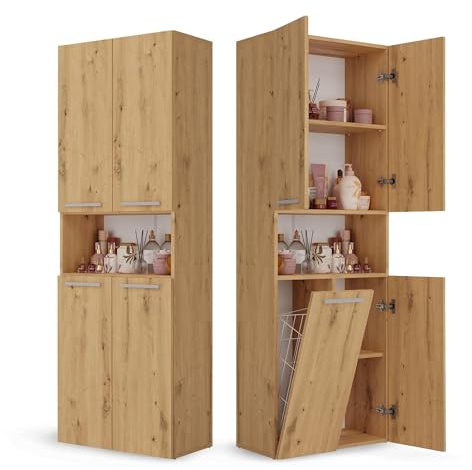 CDF Badezimmerschrank Bad Schrank Mit Wäschekorb Eiche Artisan Badschrank Mehrzweckschrank Badregal Stehend Hochschrank Offene Regale Tür Bodenschrank Allzweckschrank 1 Wäschekorb 174x60x30