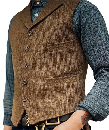 KWTF Chaleco para Hombres Marrón Boda Lana Tweed Negocios Chaleco Chaqueta Casual Slim Fit Chaleco Groosmen Boda