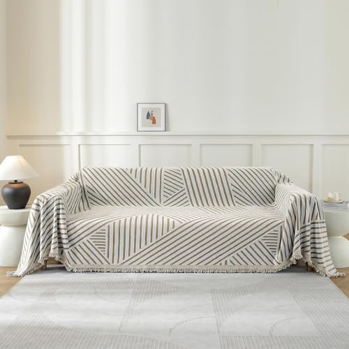 YSTELLAA Housse De Canapé 3 Places, 180×340CM, Protection Sofa, Jete De Canape Grande Taille Épaisses, Housse Universelle Four Seasons, Décoration Intérieure, pour Le Salon, Kaki-Line