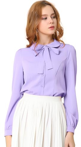 Allegra K Women's Peter Pan Collar Shirt Puff Long Sleeve Sleeve Blouse Chiffon Bow Tie Neck Button Up Work Shirt Light Purple S