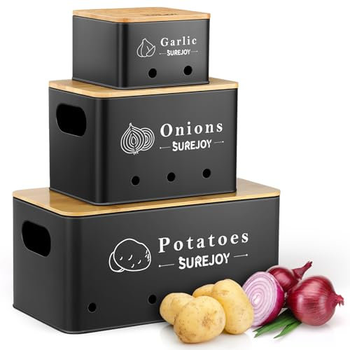 Surejoy Kartoffel Aufbewahrungsbox 3er Set, Vorratsdosen für Zwiebel Knoblauch Aufbewahrung, Hält Gemüse Länger Frisch, Küche Organizer Knoblauchtopf Kartoffelbox Zwiebeldose Behälter(Schwarz)