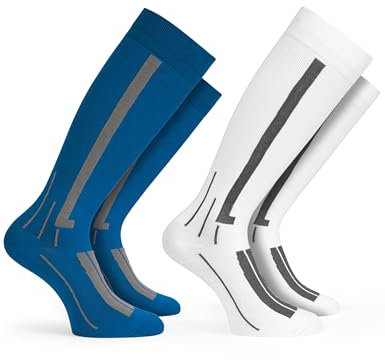 Basic Treasure 2 Paar Kompressionsstrümpfe Damen und Herren 43-46, Stützstrümpfe Damen, Kompressionssocken Flug, Sport und Reisen, Blau/Weiß