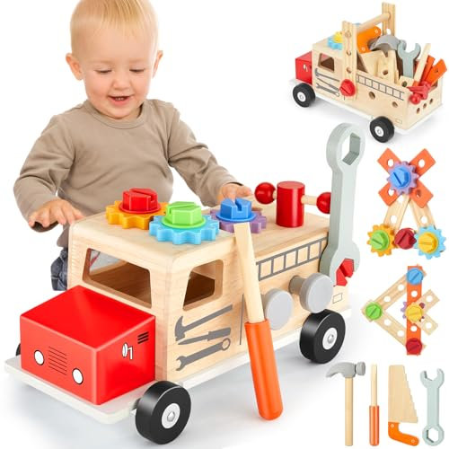 JOEJONI Werkzeugkoffer Kinder Werkbank, Montessori Spielzeug ab 3 Jahre, Holzspielzeug Kinderwerkzeug, Kinderwerkzeug Spielzeug Werkzeugwagen, Geschenk Junge Mädchen ab 3 4 5 6 Jahre
