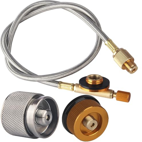 MOFBEAWK 2.26 Feet 3-IN-1 Gas Adapter Extension Braided Hose Propane/Butane/Isobutane Small Tank Input EN417 Lindal Valve Output
