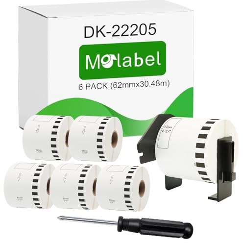 Molabel Etichette per indirizzi DK-22205 (DK22205), 6 rotoli per confezione (infinita), con 1 supporto rimovibile e un semplice cacciavite, compatibile con stampanti Brother