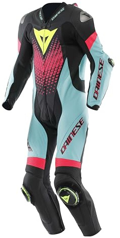 DAINESE Laguna Seca 6, Tuta Moto Intera in Pelle Perforata, Nero/Acqua/Rosa (Standard, BLACK/WATER/FUXIA, 52)