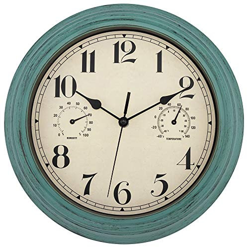Foxtop Orologio da parete impermeabile silenzioso con termometro e igrometro, 30 cm, per esterni, stile retrò, da giardino, senza ticchettio, resistente alle intemperie, per bagno, giardino, cucina
