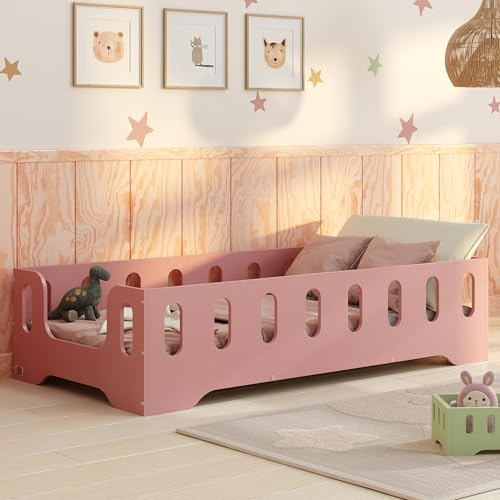 smartwood Golvsäng 60x120 Rosa - Montessori Barnsäng i trä med FSC-certifikat - TILA 2B med fallskydd och ribbotten, belastningsbar upp till 230 kg - Enkel montering