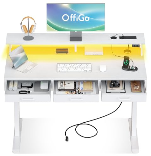OffiGo Standing Desk with 3 Storage Drawers, 120cm Height Adjustable Desk | Electric Sit Stand Table with Monitor Stand, LED Lights, Power Outlet, Space Saving for Small Home Office Living Room, White