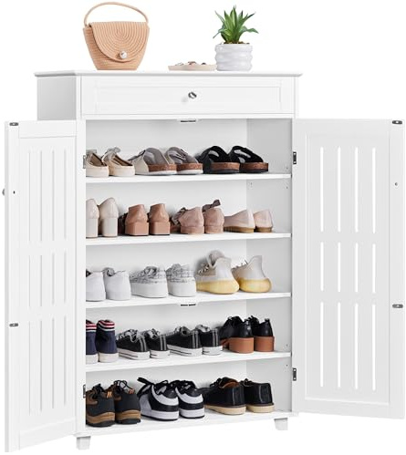 Yaheetech Shoe Cabinet, 5-Tier Wooden Shoes Storage Cabinet with Drawer, Shoe Rack Organizer with Door & Adjustable Shelves for Entryway, Hallway, White