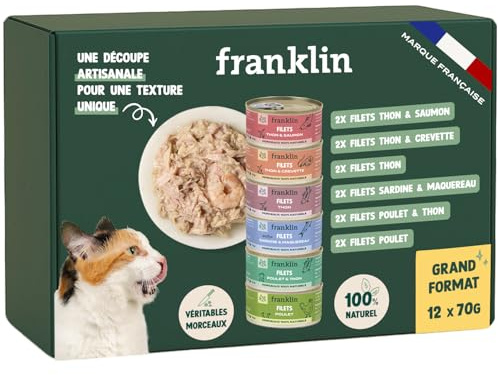 FRANKLIN – Nourriture Humide pour Chat – Filets en Sauce Chat cuit au Bouillon – 100% Naturel, sans Additifs – Texture Appétente – Riche en Protéines – Faible en Calories – Pack 12 x 70 g