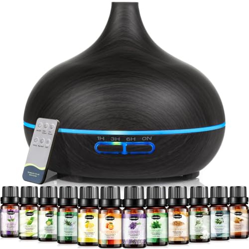 HANOLLY Humidificador Aceites Esenciales 550ml, Difusor de Aromas con 12 X 5ml Aceites Esenciales, Nebulizador para Aromaterapia con Control Remoto, LED de 7 Colores y Temporización, Regalos Mujer
