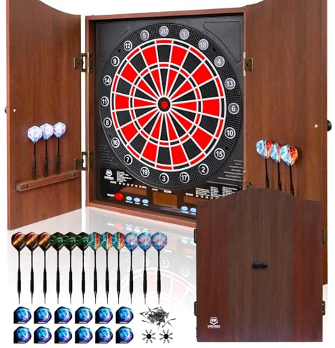 WIN.MAX Dianas Electrónicas de Dardos, Decorativo Diana Dardos Gabinete Set Ofrece 34 Juegos para hasta 8 Jugadores Incluyendo 12 Flechas de Punta Suave (Marrón, Tamaño Convencional)