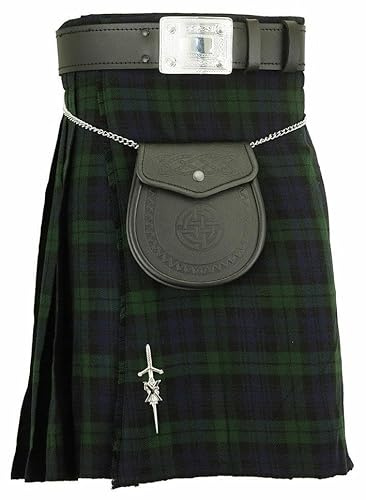 Traditional Scottish Black Watch Tartan 8 Yard Kilt Outfit Set, with Celtic Sporran + chain, Pin and Belt (40 inches / 101 cm)