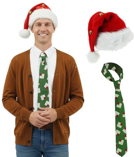 PAINEOMN Clark Costume Accessories Men Christmas Tie Santa Hat with Bells Set 1980s Vacation Movie Cosplay Props for Holiday, Red, One Size