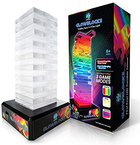 Glowsphere Glowblocks Light-Up Tumbling Tower Game, First Ever LED Building Blocks Stacking Game, Indoor Board Game for Kids and Adults for Family Game Night