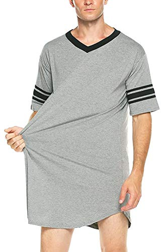 FEOYA Chemise de Nuit Homme à Manches Courtes Doux Pyjama Homme en Col V T-Shirt Long Printemps Eté Gris Taille 2XL