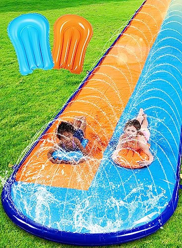 Sloosh 22.5ft x 62in/685.8 * 157.5cm Double Lawn Water Slide, Heavy Duty Water Slides with Sprinkler and 2 Inflatable Boards for Kids and Adults Party in Summer Yard Lawn Outdoor Toys Play Activities