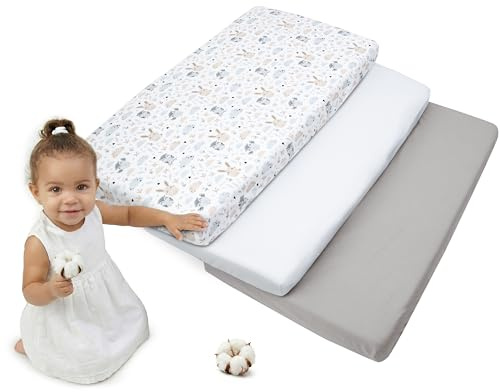 Medi Partners Sabana Bajera Cuna 60x120 Set de 3-100% Algodon Sabanas de Algodón Bebe Ropa de Cama para Bebés Dormir Cuna Fitted Bed Sheet Protector (Calvero-Blanco-Gris)