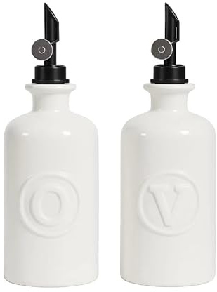 Oil and Vinegar Dispenser Set – 2 White Ceramic 500 ml Bottles with Matte Black Flip-Top Spout – Olive Oil Dispenser Bottle with Embossed O and V Logos – Leakproof Oil Dispenser Bottle