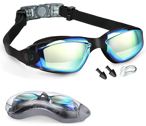 yenlk Swimming Goggles, Attached Ear Plugs for Adult Men Women And Kids 8+ - No Leaking, Anti Fog, UV Protection - Free Storage Case, Nose Clip and Earplugs
