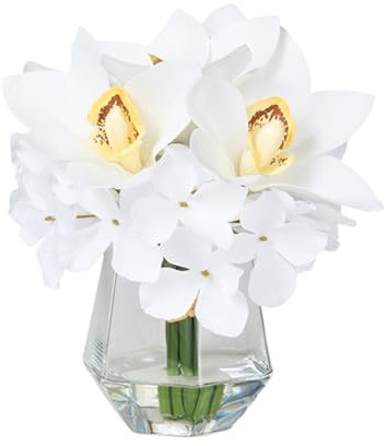 Laelfe Fiori Artificiali con Vaso Fiori Finti Bianchi in Vaso di Vetro con Acqua Finta per Decorazioni da Tavolo per Casa Bagno Ufficio (Orchidea)