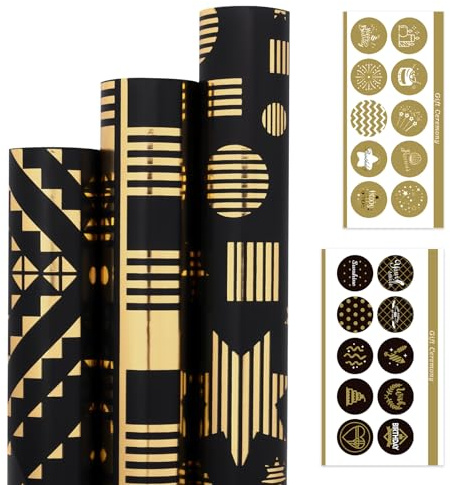 Larcenciel Presentpapper rulle, svart guld födelsedag presentpapper med klistermärken, metalliska geometriska stjärnor presentpapper förpackningspapper rulle för bröllop jul semester (300 x 43 cm, 3