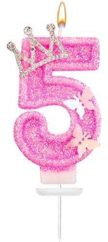 Glitter Number Candle, 2.87in Pink with Butterfly & Rhinestone Crown - Perfect for Birthday & Anniversary Parties (Number 5)
