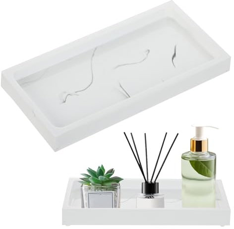 Bandeja de baño, Bandeja organizadora Rectangular de Resina, tamaño 20,5 x 10,5 x 2,5 cm, diseño de mármol Blanco, para jabón, Joyas, cosméticos, Toallas, Papel, Velas y más