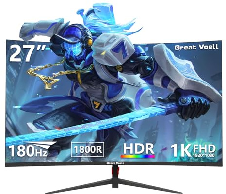 Great voell Curved Gaming Monitor 27 Zoll, 180 Hz, FHD 1920×1080, 1800R Curved Bildschirm, FreeSync, HDR10, VA, VESA 100x100 mm —Schwarz