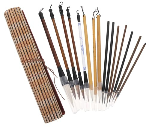 OATIPHO Juego de Pinceles Chinos para Caligrafía y Acuarela Set de 15 Piezas Cerdas Suaves Mango Ergonómico y Kit de Escritura Caligráfica para Principiantes y Artistas