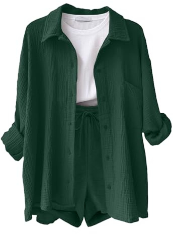 Joligiao Completo Donna Elegante 2 Pezzi in Lino e Cotone Estivo Tuta da Donna Estivi Camicia a Maniche Lunghe e Pantaloncini con Coulisse e Tasche Sportivo Tuta da Spiaggia(Verde,XL)