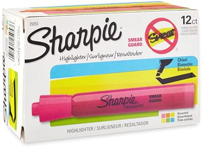 Sharpie Tank Style Highlighters, Chisel Tip, Assorted Colors, 12 Count