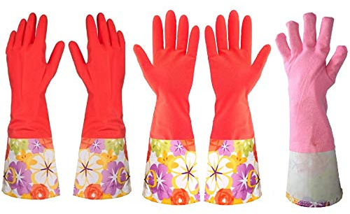 Treenewbid Kitchen Rubber Cleaning Gloves with Warm Lining Household Thickening PU Waterproof Dishwashing Latex Glove Large 2 Pairs